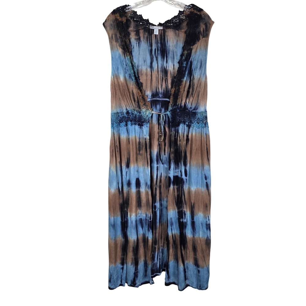 Cato Longline Duster Vest Size 14/16 Blue Brown Tie Dye Lace Trim Boho